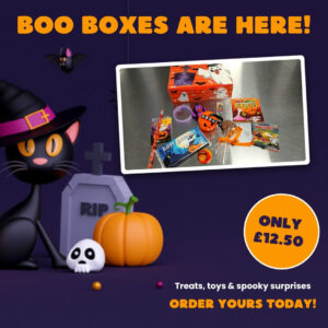 JJA Snack Boo Boxes are here, only £12.50: Halloween gift box with chocolate bar, chocolate lolly, rubber duck, pumpkin toy, notepad, wristband and sweets